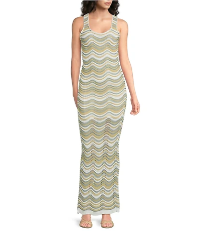 ELAN Open Knit Chevron Round Neck Sleeveless Bodycon Maxi Dress