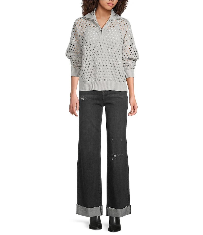 ELAN Open Knit Long Sleeve Quarter Zip Pullover