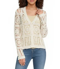 ELAN Open Knit V-Neck Long Sleeve Button Front Cardigan