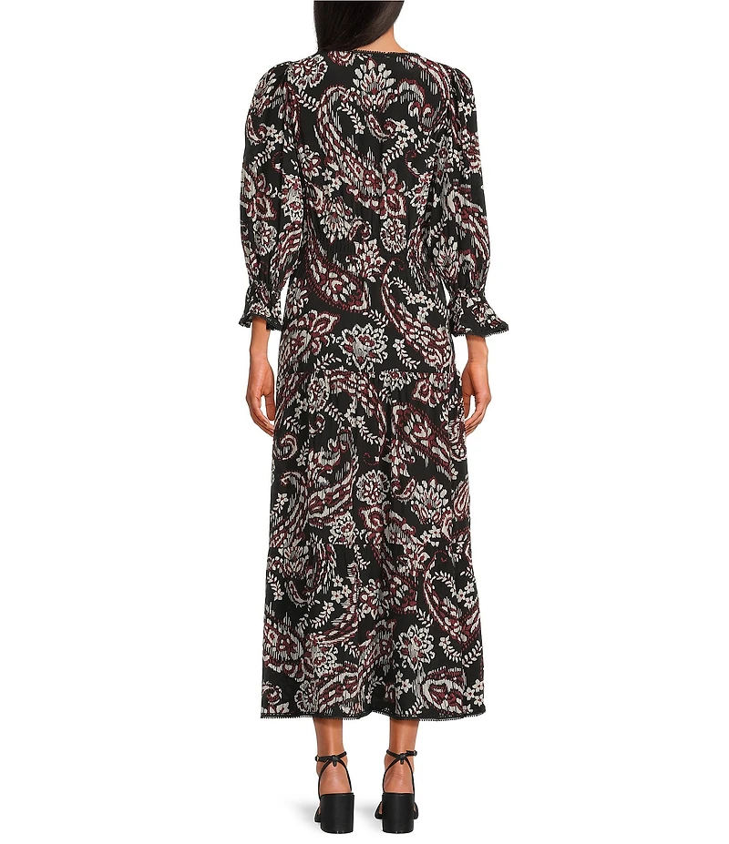 ELAN Paisley Split V-Neck Elbow Puff Sleeve Midi Dress