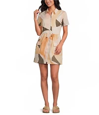 ELAN Prism Print Point Collar Short Sleeve Drawstring Waist Zip Front Dress
