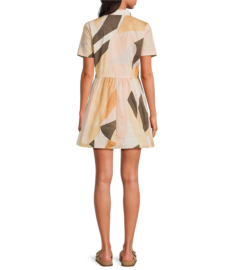 ELAN Prism Print Point Collar Short Sleeve Drawstring Waist Zip Front Dress