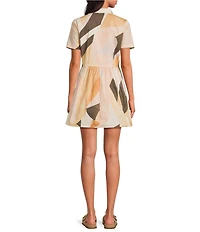 ELAN Prism Print Point Collar Short Sleeve Drawstring Waist Zip Front Dress