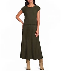 Elan Ribbed Crew Neck Cap Sleeve A-Line Dress