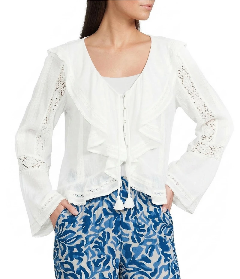 ELAN Ruffle Scoop Neck Lace Long Bell Sleeve Button Front Top