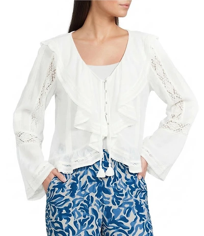 ELAN Ruffle Scoop Neck Lace Long Bell Sleeve Button Front Top