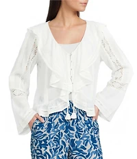 ELAN Ruffle Scoop Neck Lace Long Bell Sleeve Button Front Top