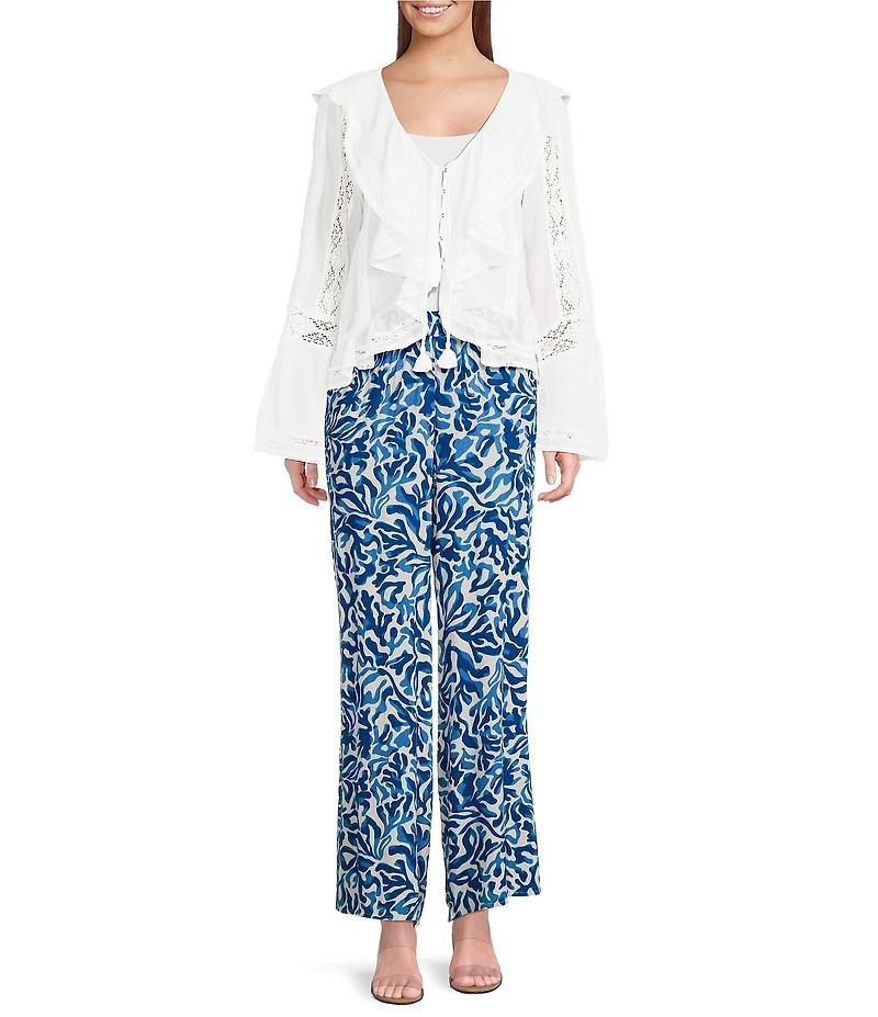 ELAN Ruffle Scoop Neck Lace Long Bell Sleeve Button Front Top