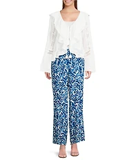 ELAN Ruffle Scoop Neck Lace Long Bell Sleeve Button Front Top