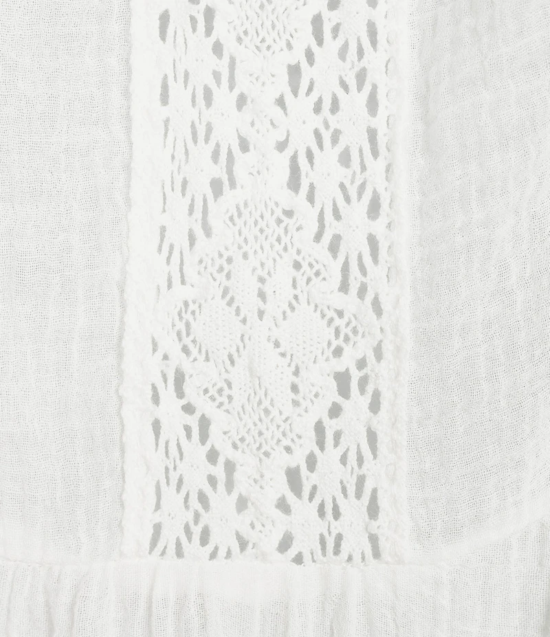 ELAN Ruffle Scoop Neck Lace Long Bell Sleeve Button Front Top