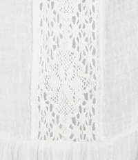 ELAN Ruffle Scoop Neck Lace Long Bell Sleeve Button Front Top