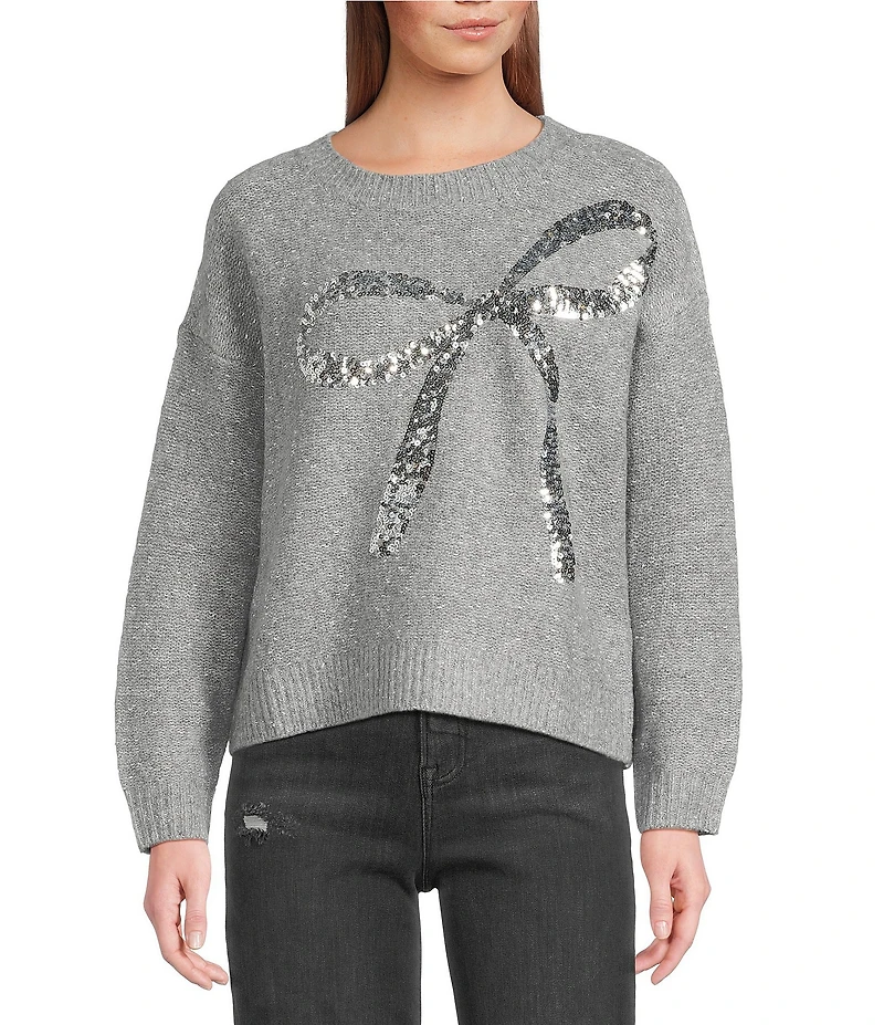 ELAN Sequin Bow Crew Neck Long Sleeve Sweater