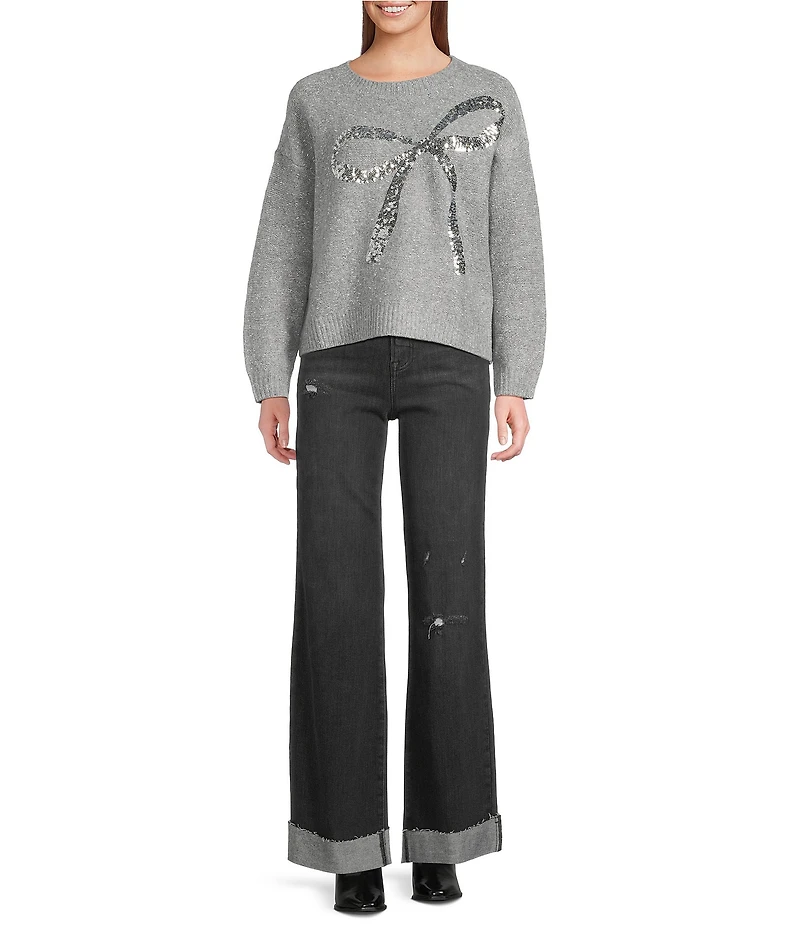 ELAN Sequin Bow Crew Neck Long Sleeve Sweater