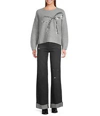 ELAN Sequin Bow Crew Neck Long Sleeve Sweater