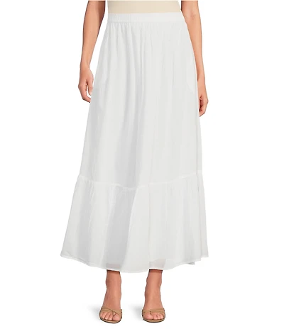 ELAN Solid Woven Elastic Waist Tiered Ruffle Hem A-Line Midi Skirt