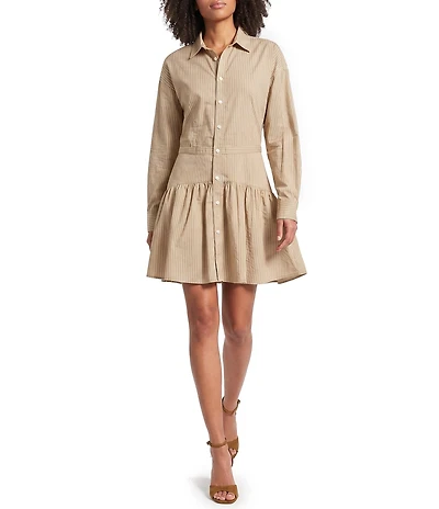 ELAN Stripe Collared Long Sleeve Button Front Drop Waist Shirtdress