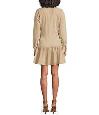 ELAN Stripe Collared Long Sleeve Button Front Drop Waist Shirtdress