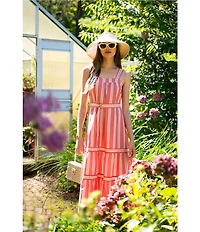 ELAN Stripe Cotton Blend Square Neck Sleeveless Belted Maxi Dress