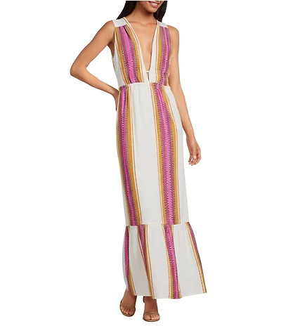 ELAN Stripe Deep V-Neck Sleeveless Tie Back Ruffle Hem Maxi Dress