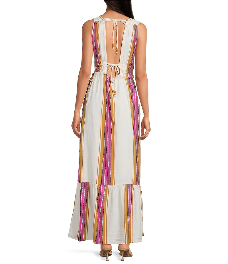 ELAN Stripe Deep V-Neck Sleeveless Tie Back Ruffle Hem Maxi Dress