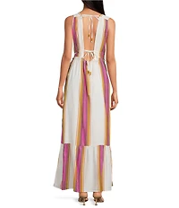ELAN Stripe Deep V-Neck Sleeveless Tie Back Ruffle Hem Maxi Dress