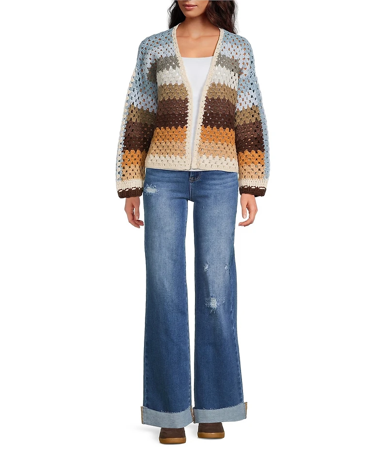 ELAN Stripe Open Knit Crochet Cardigan