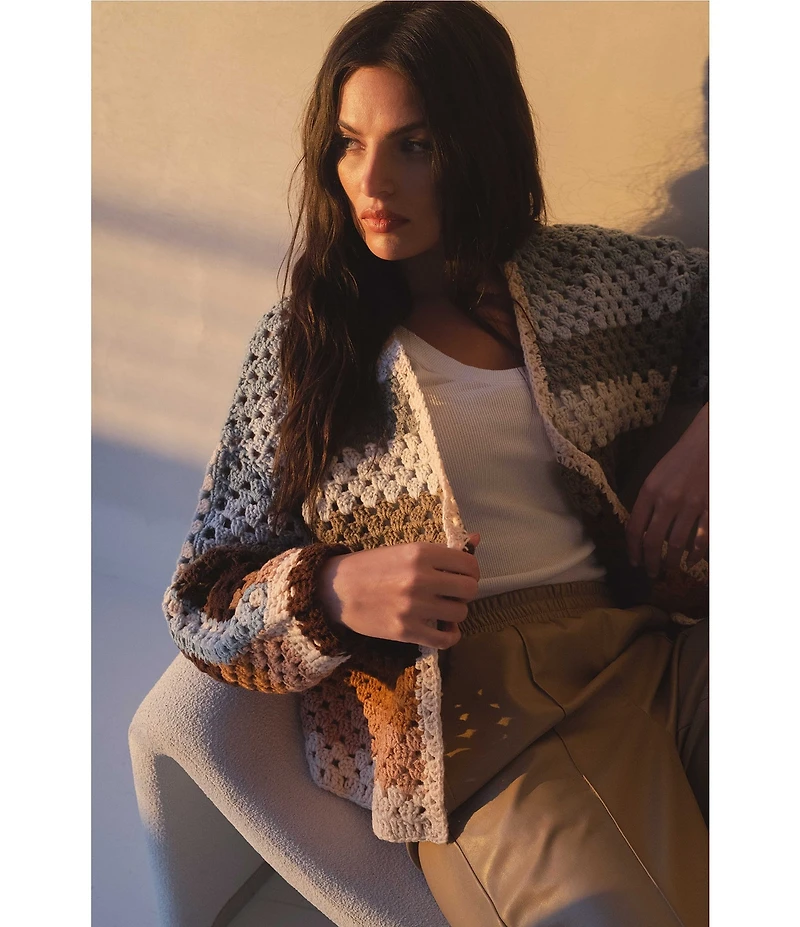 ELAN Stripe Open Knit Crochet Cardigan