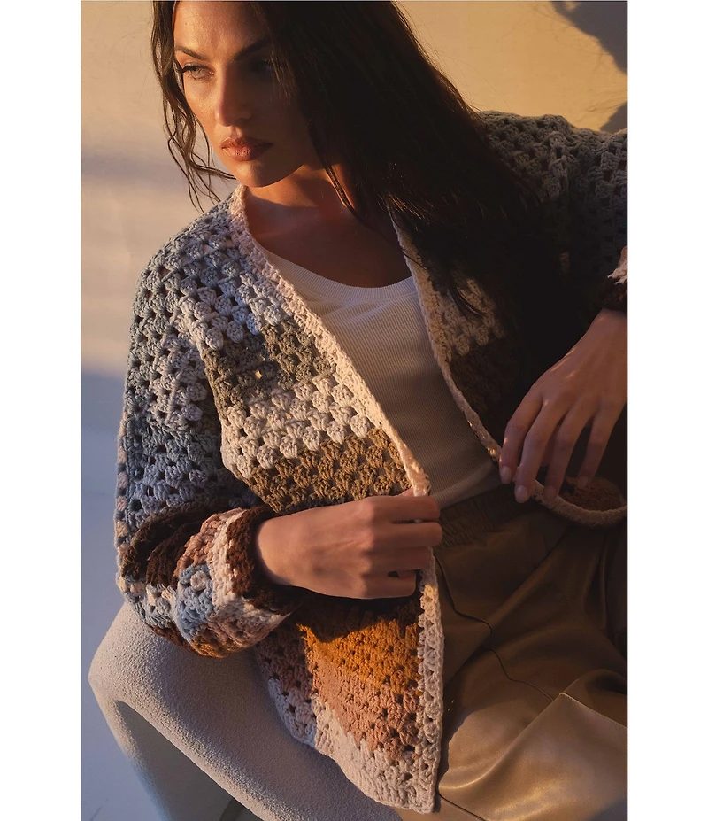 ELAN Stripe Open Knit Crochet Cardigan