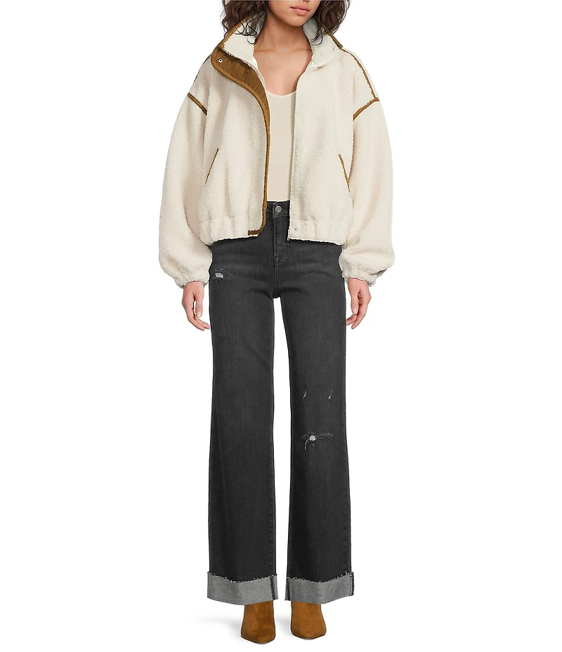 ELAN Teddy Long Sleeve Zip Front Bomber Jacket