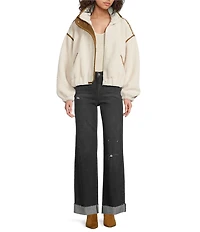 ELAN Teddy Long Sleeve Zip Front Bomber Jacket