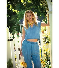 ELAN Tencel Chambray Coordinating Johnny Collar Sleeveless Top