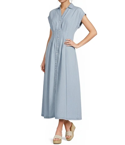 ELAN Tencel Point Collar Cap Sleeve Button Front A-Line Midi Dress
