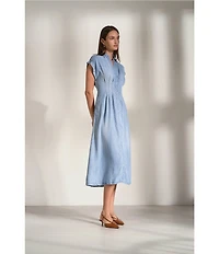 ELAN Tencel Point Collar Cap Sleeve Button Front A-Line Midi Dress