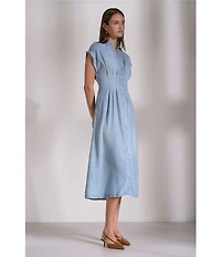 ELAN Tencel Point Collar Cap Sleeve Button Front A-Line Midi Dress