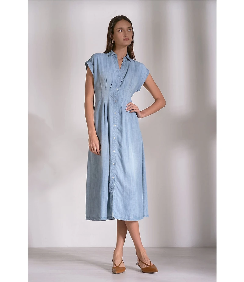 ELAN Tencel Point Collar Cap Sleeve Button Front A-Line Midi Dress