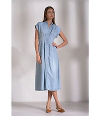 ELAN Tencel Point Collar Cap Sleeve Button Front A-Line Midi Dress