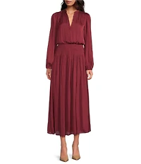 ELAN V- Neck Long Sleeve Smock Waist Maxi Dress
