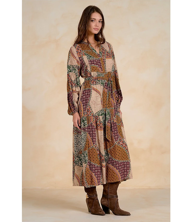 Elan V-Neck Long Sleeve Midi Self-Tie Dress