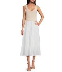 ELAN V-Neck Sleeveless Tiered Ruffled Hem Woven Knit A-Line Dress