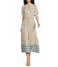 ELAN Whimsy Floral Print Tie V-Neck Short Sleeve A-Line Midi Dress