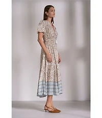 ELAN Whimsy Floral Print Tie V-Neck Short Sleeve A-Line Midi Dress