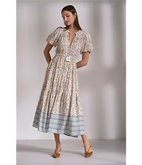 ELAN Whimsy Floral Print Tie V-Neck Short Sleeve A-Line Midi Dress