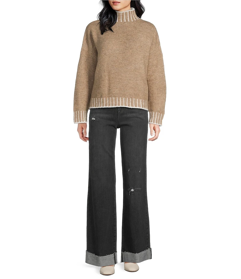 ELAN Whip Stitch Mock Neck Long Sleeve Knit Top