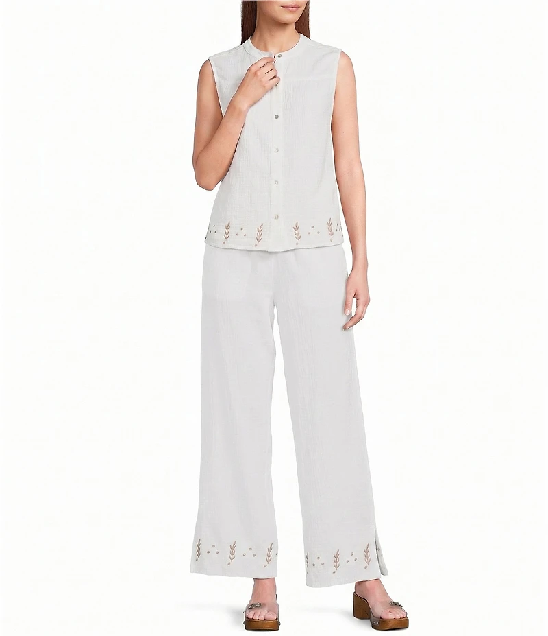 Elan Woven Crew Neck Sleeveless Button Front Coordinating Top