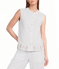 Elan Woven Crew Neck Sleeveless Button Front Coordinating Top