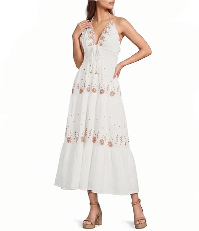 ELAN Woven Embroidered Tassel Front Halter V- Neck Sleeveless Maxi Dress