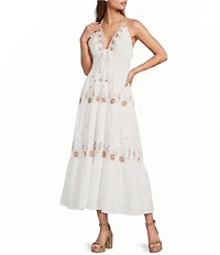 ELAN Woven Embroidered Tassel Front Halter V- Neck Sleeveless Maxi Dress
