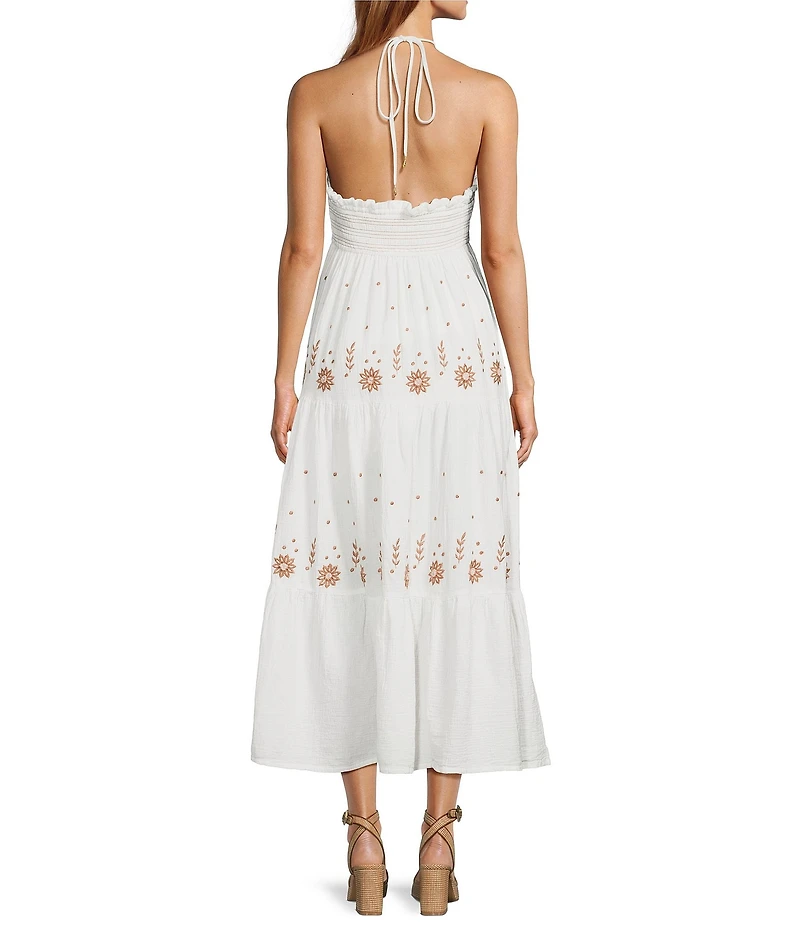 ELAN Woven Embroidered Tassel Front Halter V- Neck Sleeveless Maxi Dress