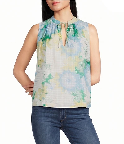 ELAN Woven Floral Tie V-Neck Sleeveless Flowy Top