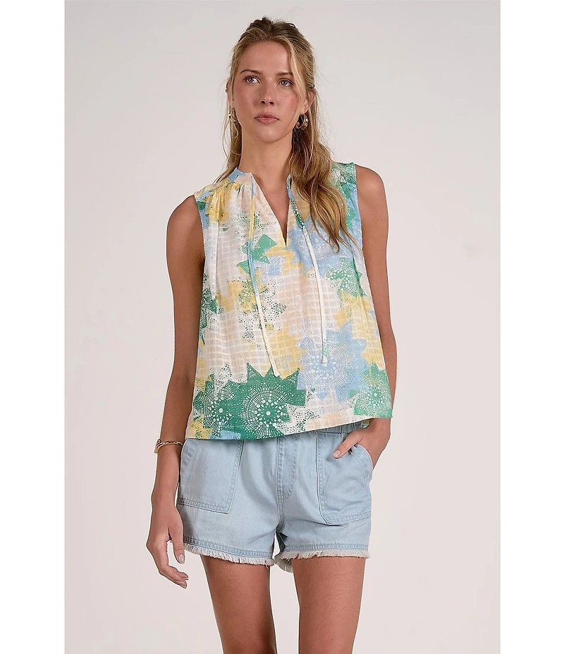 ELAN Woven Floral Tie V-Neck Sleeveless Flowy Top